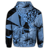 Hawaii Turtle Zip Hoodie Polynesian Hibiscus Art Ver 2.0 Blue - Polynesian Pride
