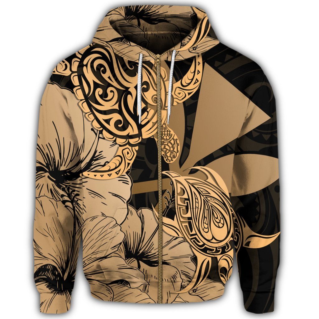 Hawaii Turtle Zip Hoodie Polynesian Hibiscus Art Ver 2.0 Gold - Polynesian Pride