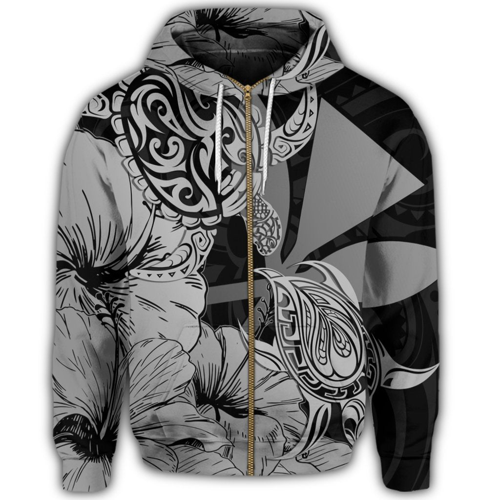 Hawaii Turtle Zip Hoodie Polynesian Hibiscus Art Ver 2.0 Gray - Polynesian Pride