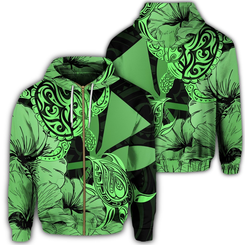 Hawaii Turtle Zip Hoodie Polynesian Hibiscus Art Ver 2.0 Green Unisex Art - Polynesian Pride