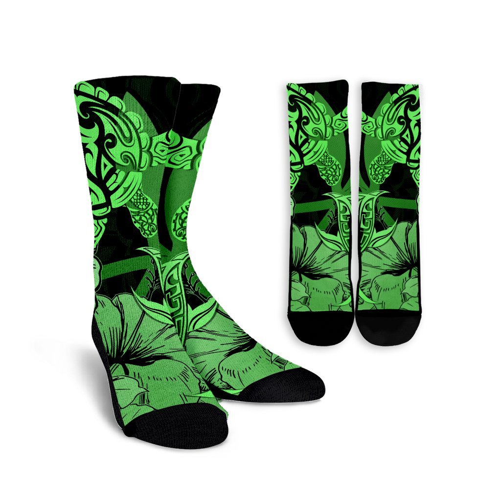 Hawaii Turtle Crew Socks Polynesian Hibiscus Art Ver 2.0 Green - AH Crew Socks White - Polynesian Pride