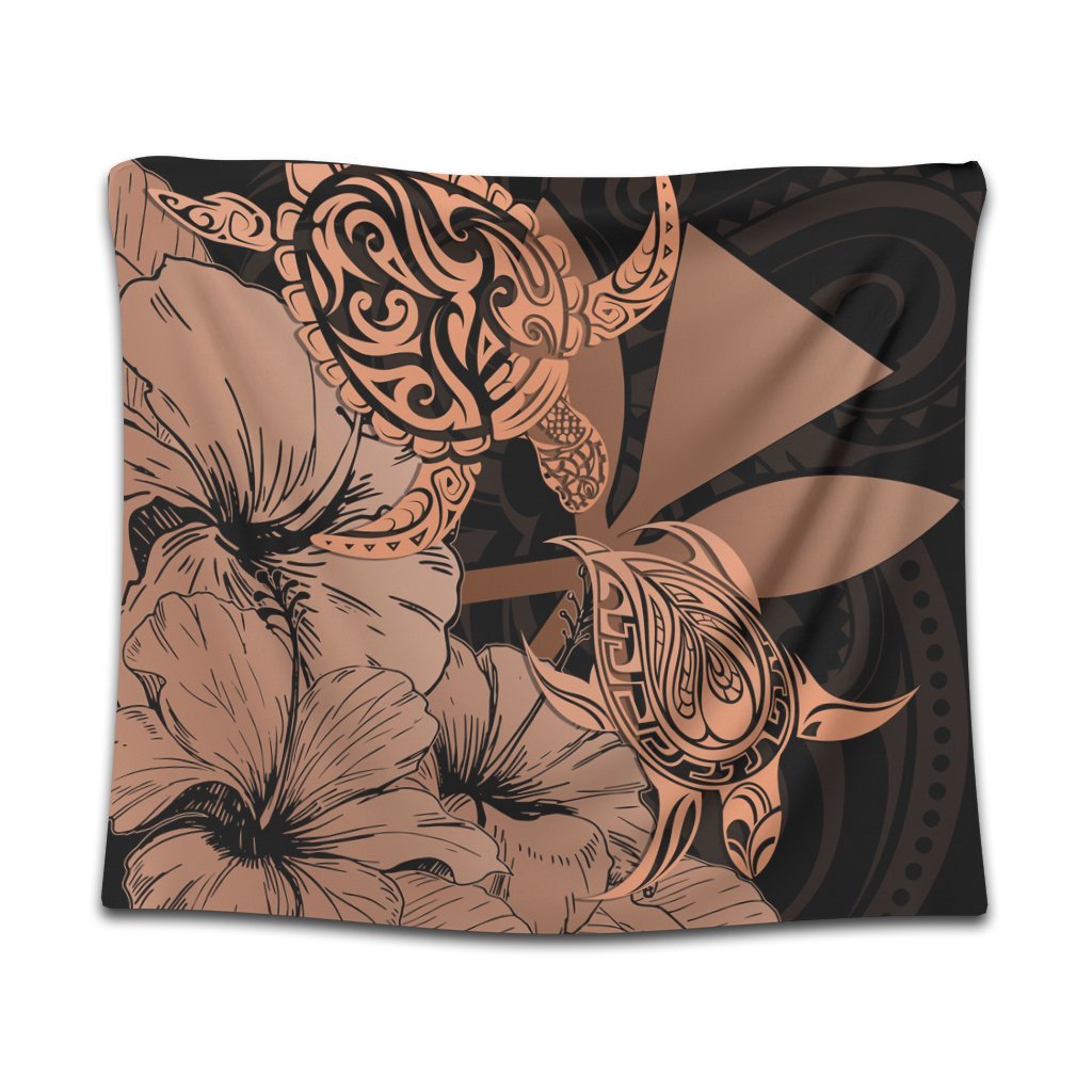 Hawaii Turtle Tapestry Polynesian Hibiscus Art Ver 2.0 Orange - AH Wall Tapestry Black - Polynesian Pride