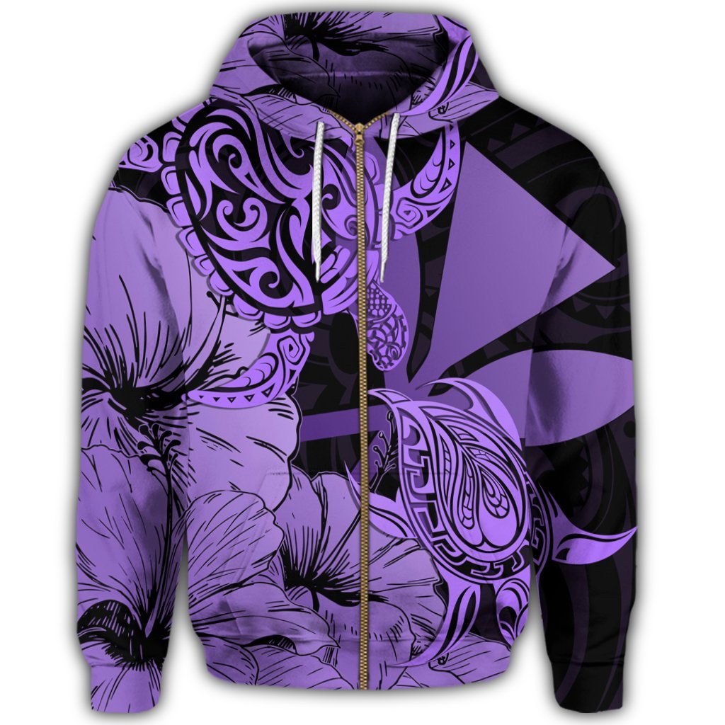 Hawaii Turtle Zip Hoodie Polynesian Hibiscus Art Ver 2.0 Violet - Polynesian Pride