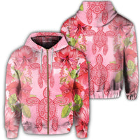 Hawaii Turtle Hibiscus Zip Hoodie Pink Style Unisex Art - Polynesian Pride