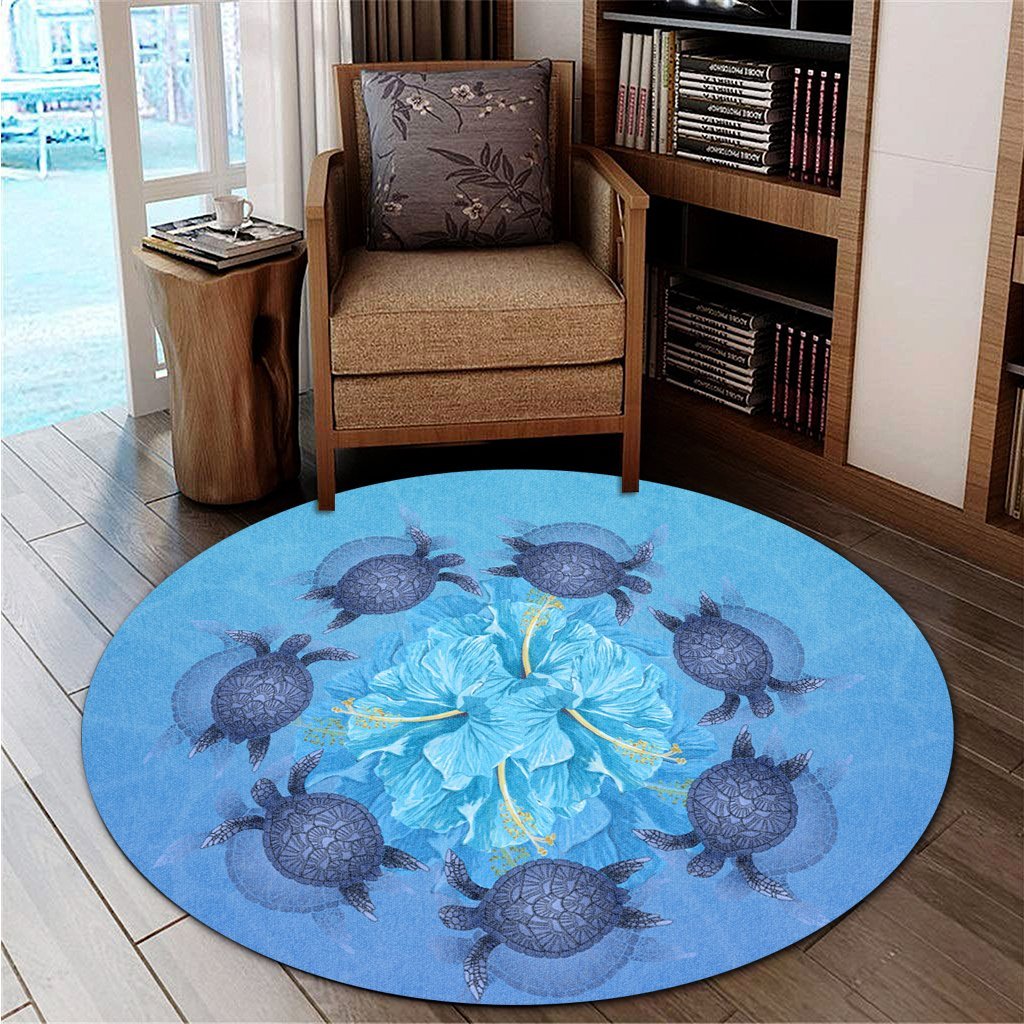Hawaii Turtle Hibiscus Blue Round Carpet - AH - Polynesian Pride