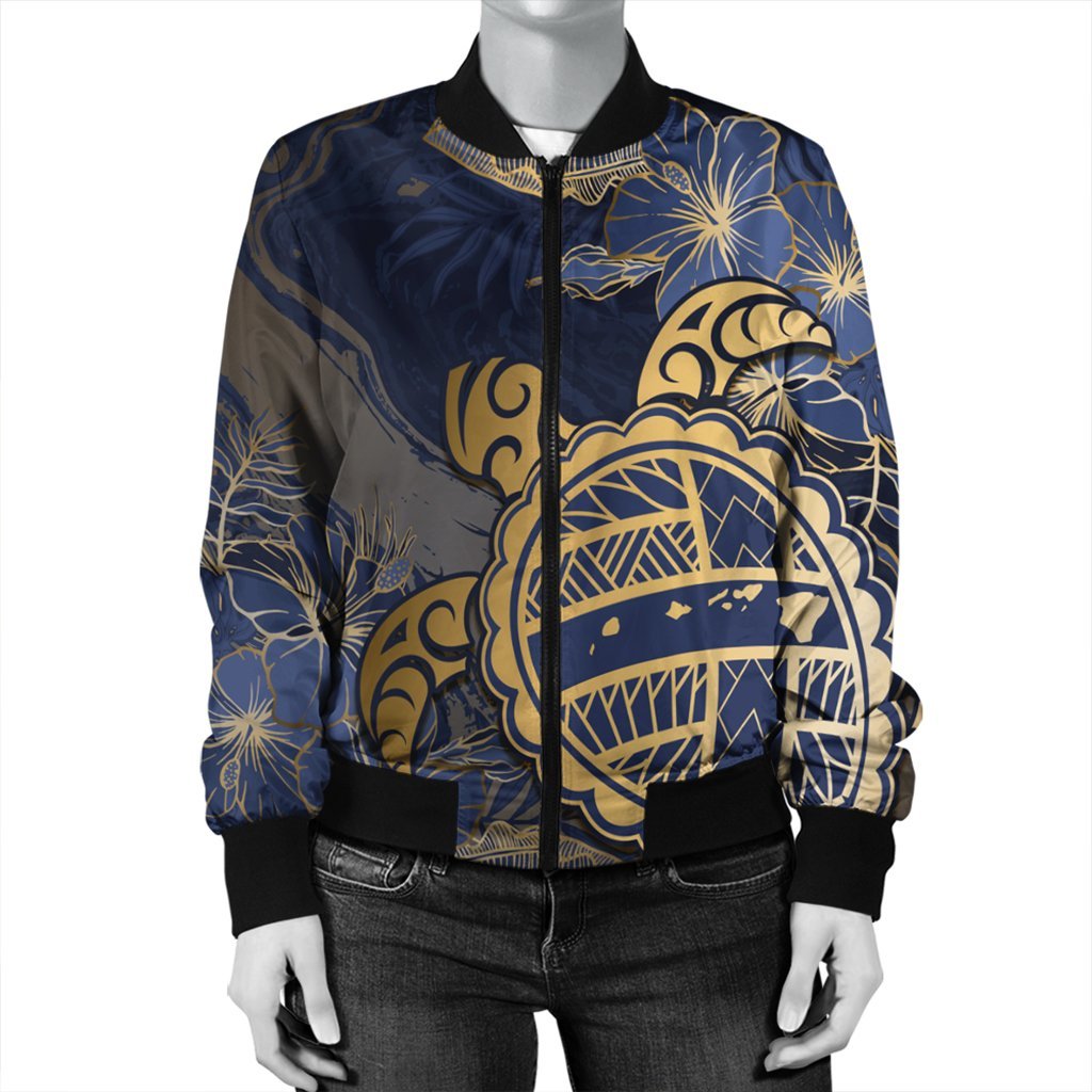 Hawaii Turtle Hibiscus Gold Bomber Jacket - Kyn Style - AH - Polynesian Pride