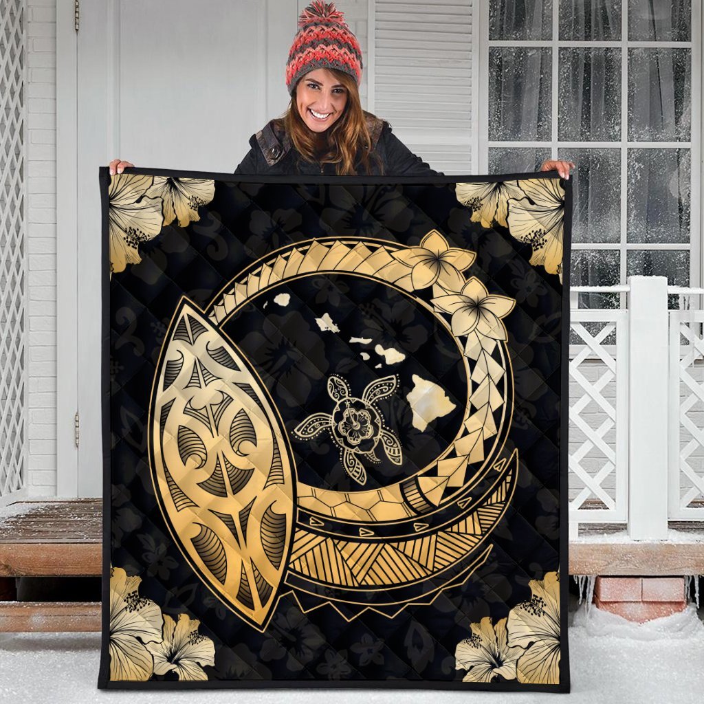 Hawaii Turtle Hibiscus Map Polynesian Premium Quilts - AH - Polynesian Pride