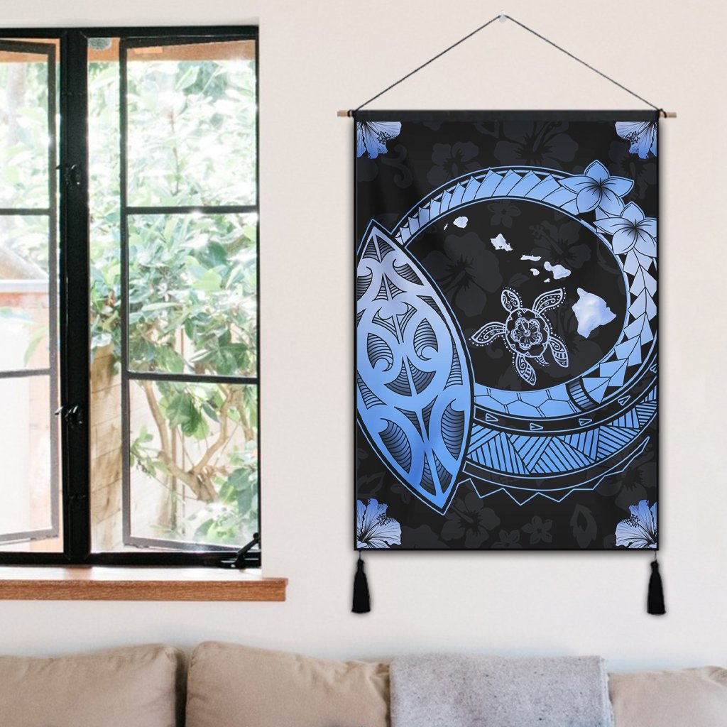 Hawaii Turtle Hibiscus Map Polynesian Hanging Poster Blue - AH - Polynesian Pride
