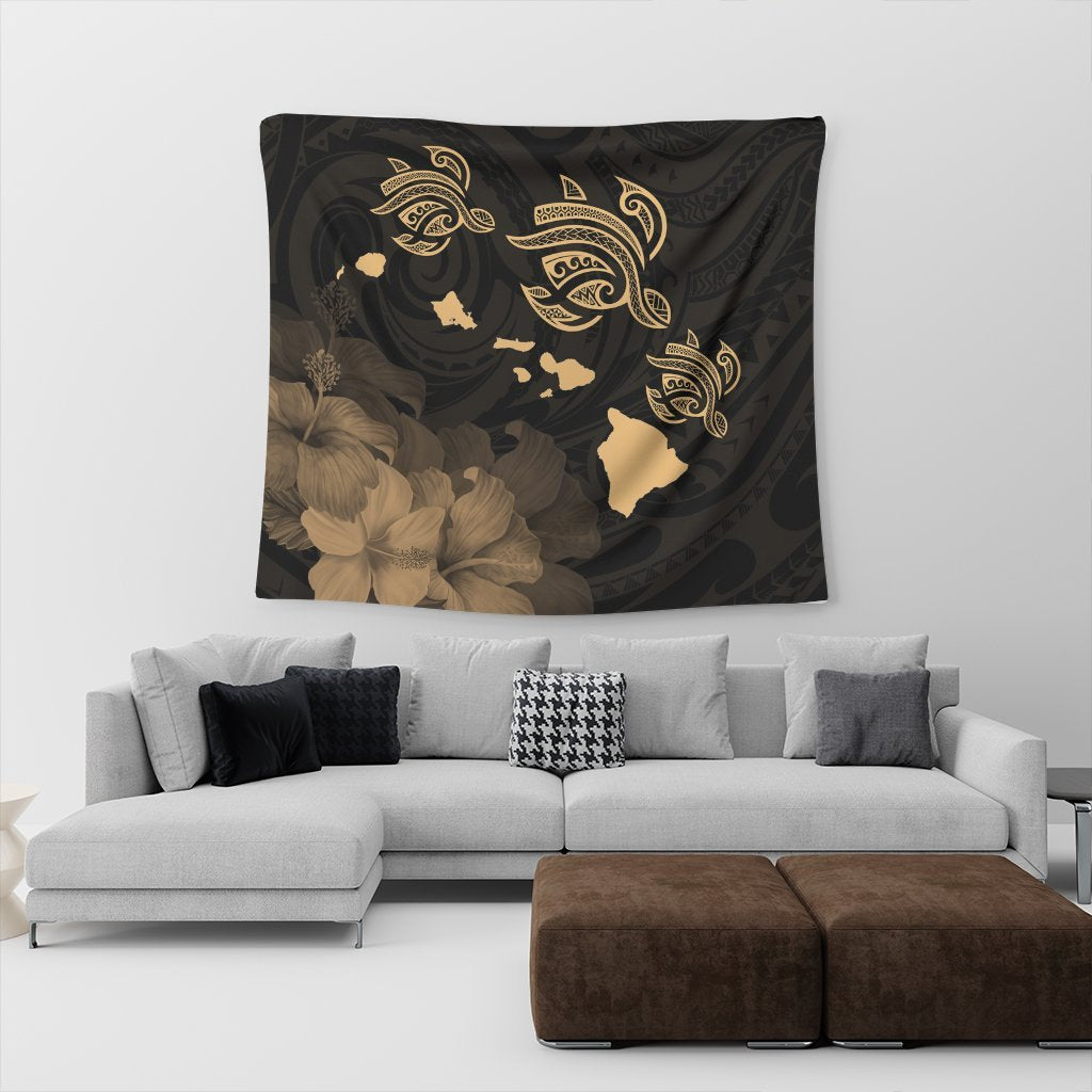 Hawaii Turtle Hibiscus Map Polynesian Tapestry Gold - AH - Polynesian Pride