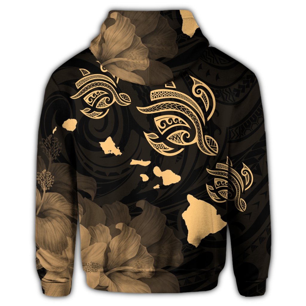Hawaii Turtle Hibiscus Map Polynesian Zip Hoodie Gold - Polynesian Pride