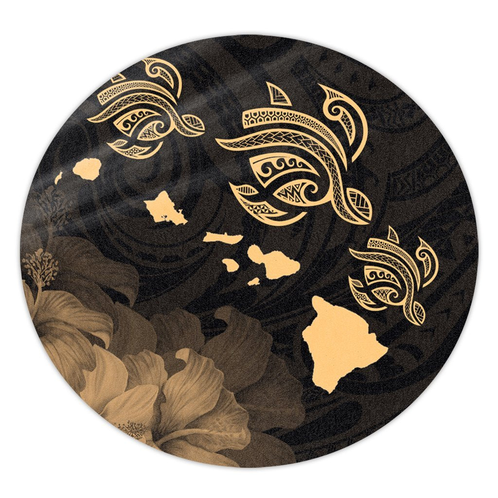 Hawaii Turtle Hibiscus Map Polynesian Round Carpet Gold - AH Round Carpet Luxurious Plush - Polynesian Pride
