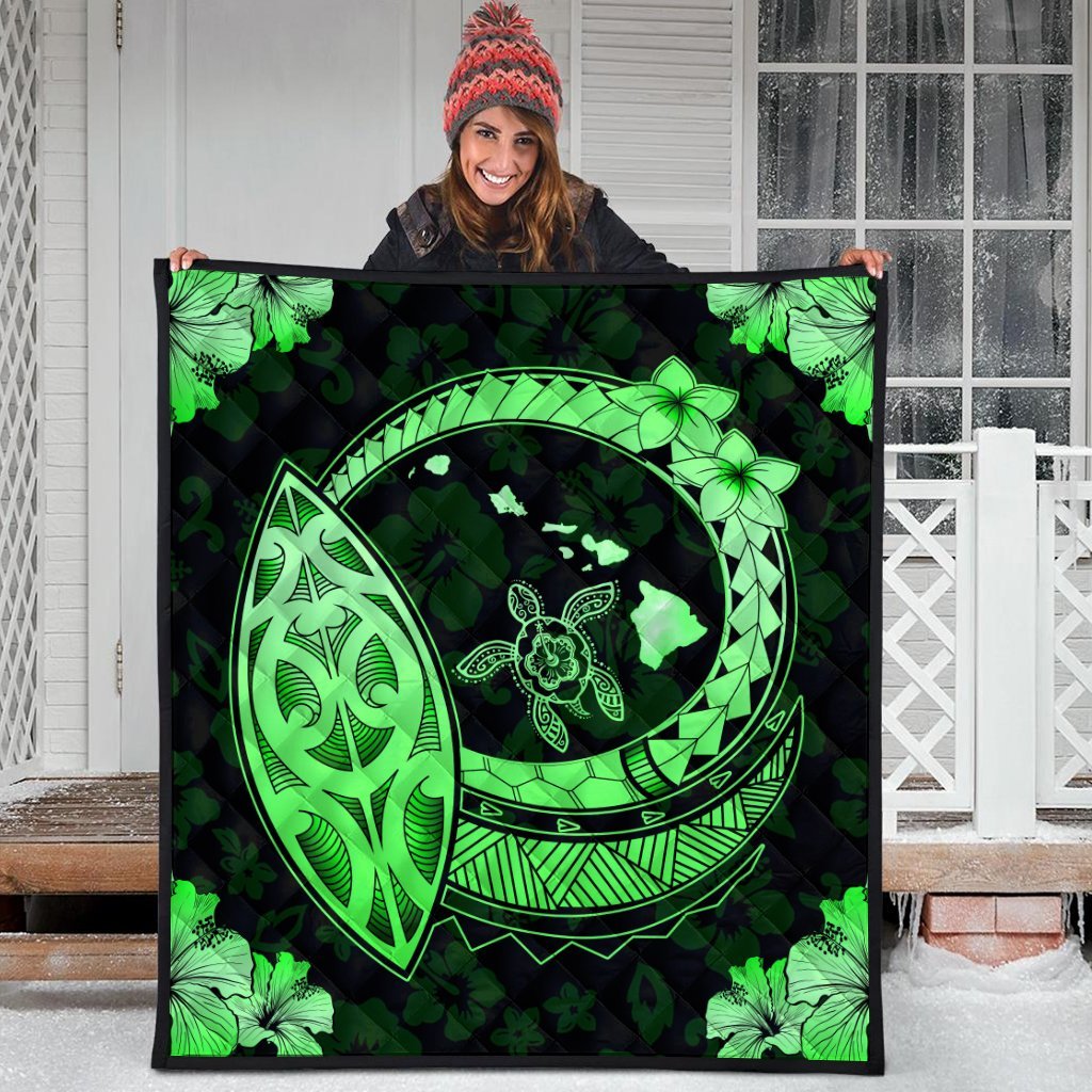 Hawaii Turtle Hibiscus Map Polynesian Premium Quilts Green - AH - Polynesian Pride