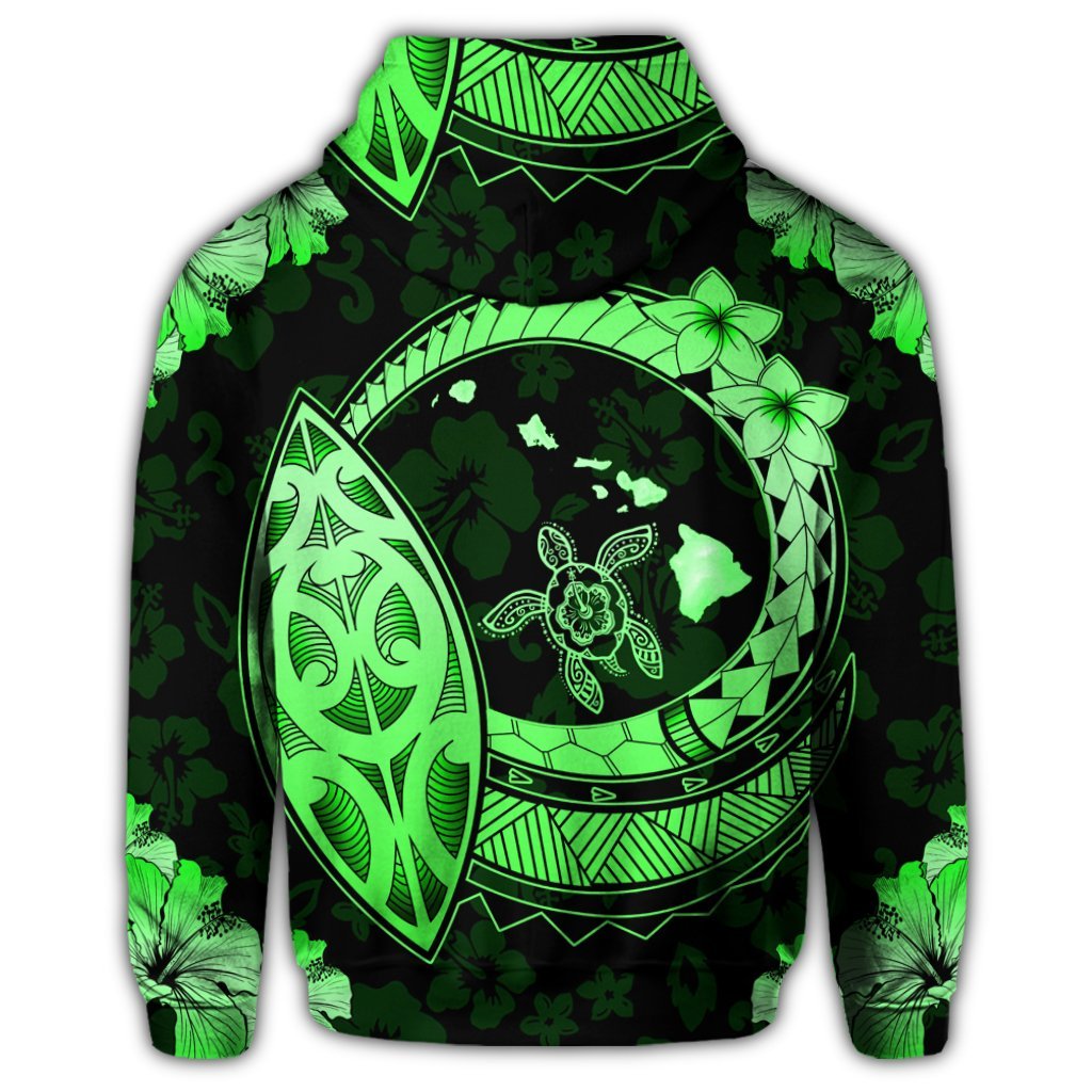 Hawaii Turtle Hibiscus Map Polynesian Zip Hoodie Green - Polynesian Pride