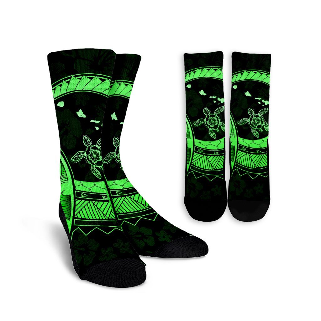 Hawaii Turtle Hibiscus Map Polynesian Crew Socks Green - AH Crew Socks White - Polynesian Pride