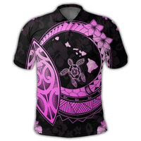 Hawaii Turtle Hibiscus Map Polynesian Polo Shirt Pink - Polynesian Pride