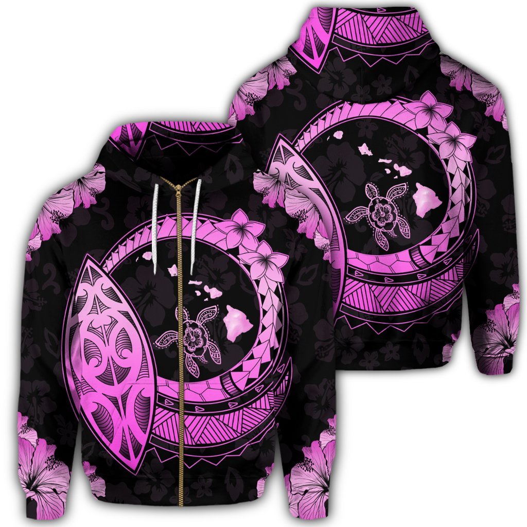 Hawaii Turtle Hibiscus Map Polynesian Zip Hoodie Pink Unisex Art - Polynesian Pride