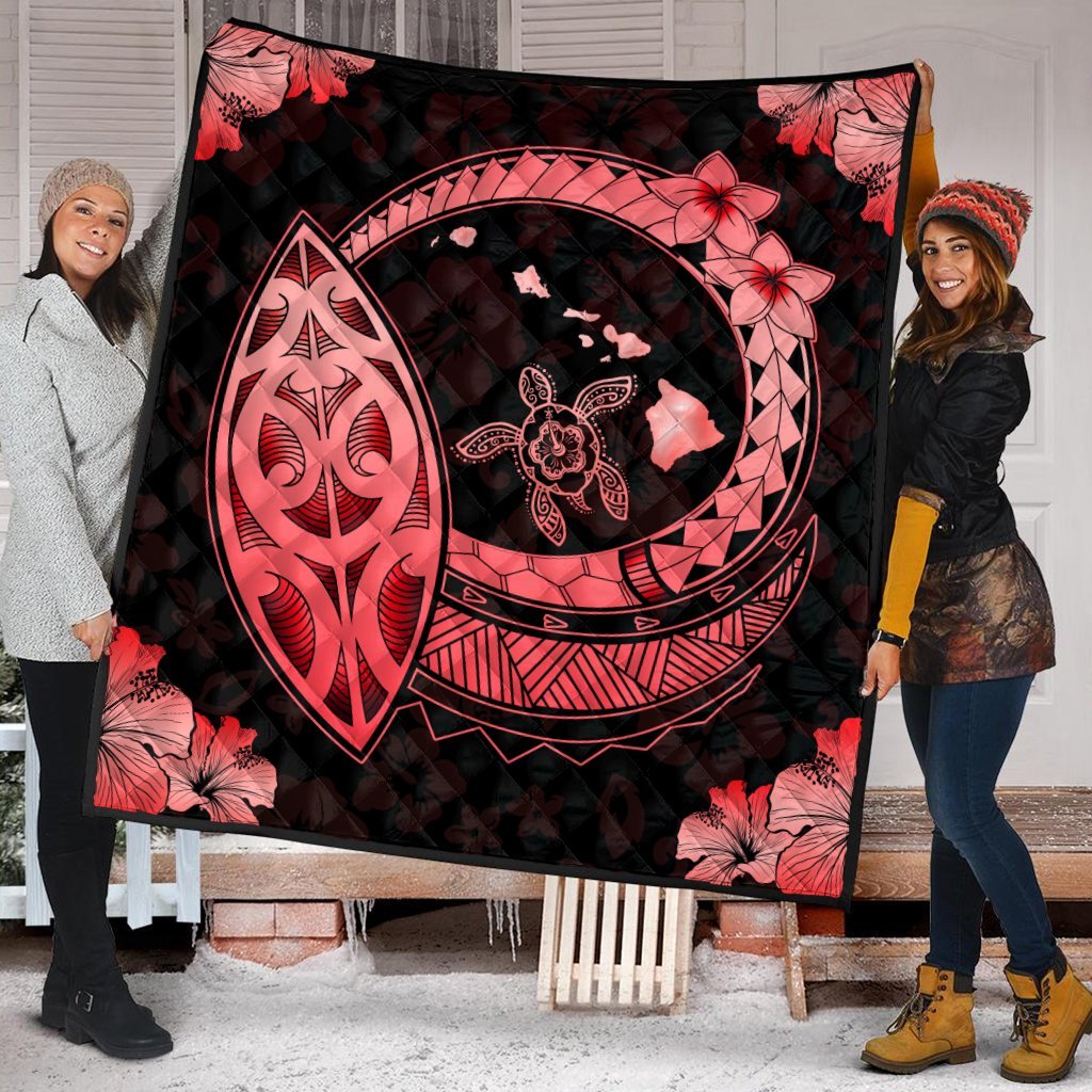 Hawaii Turtle Hibiscus Map Polynesian Premium Quilts Red - AH - Polynesian Pride