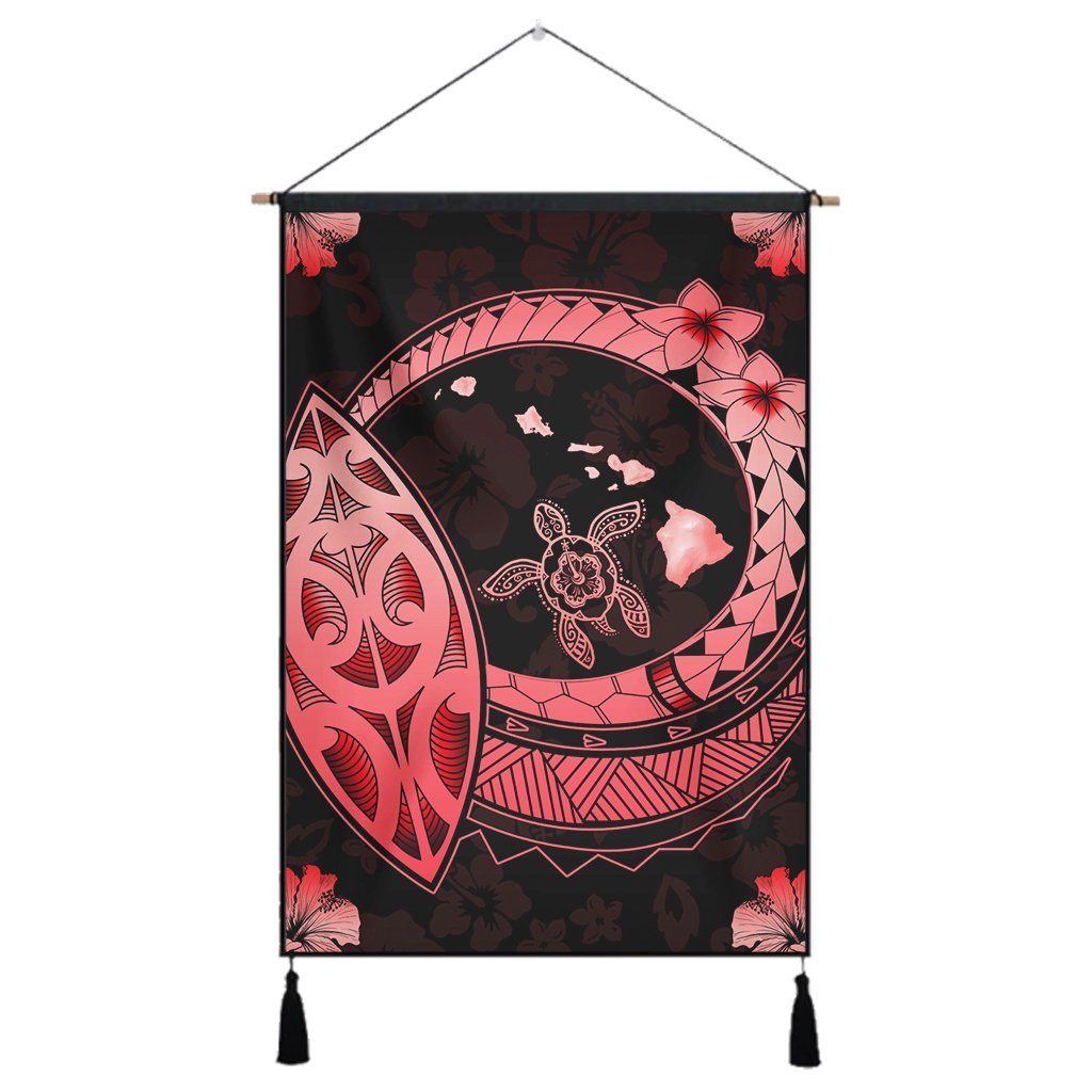 Hawaii Turtle Hibiscus Map Polynesian Hanging Poster Red - AH Hanging Poster Cotton And Linen - Polynesian Pride