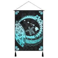 Hawaii Turtle Hibiscus Map Polynesian Hanging Poster Turquoise - AH Hanging Poster Cotton And Linen - Polynesian Pride