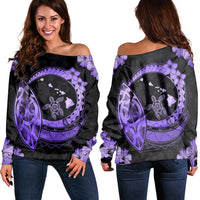 Hawaii Turtle Hibiscus Map Polynesian Women's Off Shoulder Sweater Violet - AH Black - Polynesian Pride