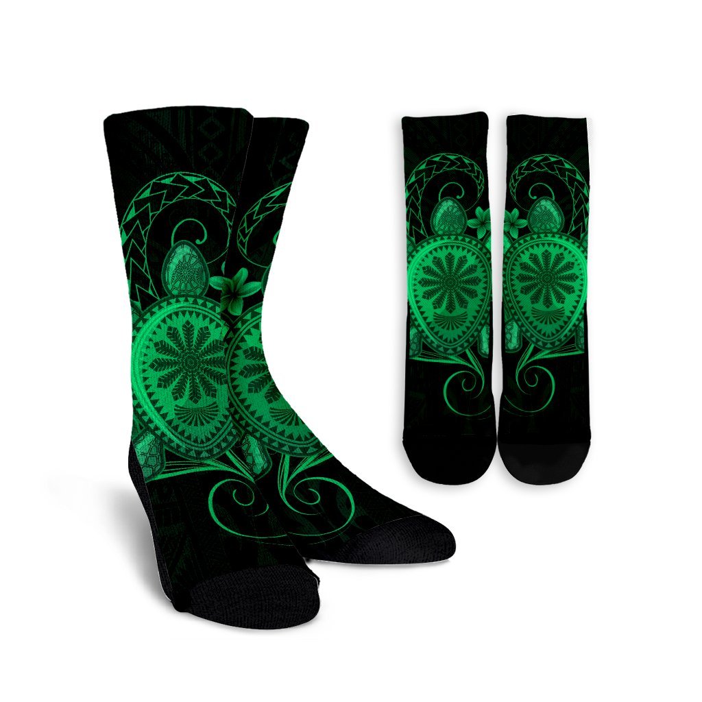 Hawaii Turtle Hibiscus Polynesian Crew Socks - Full Style - Green - AH Crew Socks White - Polynesian Pride