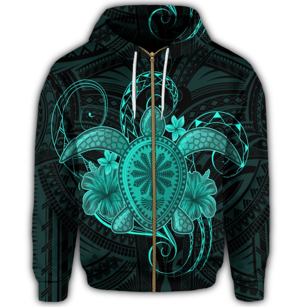 Hawaii Turtle Hibiscus Polynesian Zip Hoodie Full Style Turquoise - Polynesian Pride