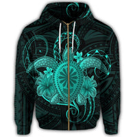 Hawaii Turtle Hibiscus Polynesian Zip Hoodie Full Style Turquoise - Polynesian Pride