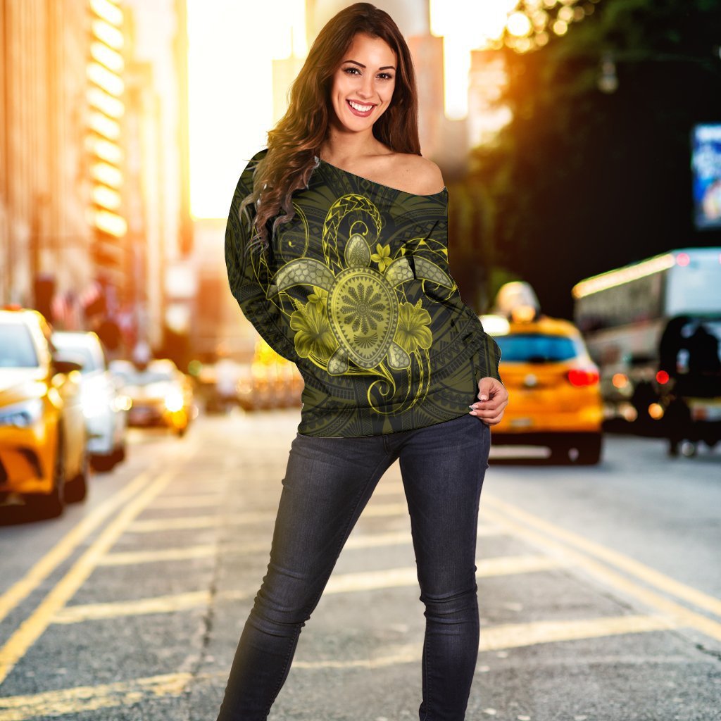 Hawaii Turtle Hibiscus Polynesian Women's Off Shoulder Sweater - Full Style - Yellow - AH - Polynesian Pride