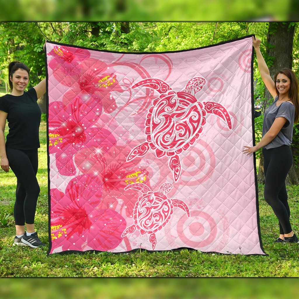 Hawaii Turtle Hibiscus Vintage Pink Premium Quilts - AH Black - Polynesian Pride