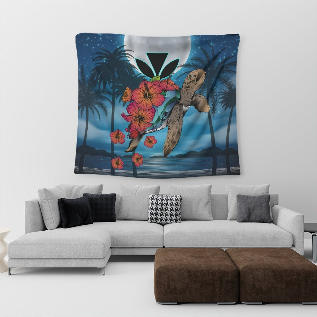 Hawaii Turtle Kanaka Hibiscus Stary Night Tapestry - AH - Polynesian Pride