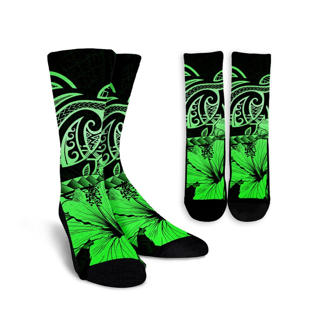 Hawaii Turtle Map Polynesian Crew Socks Safety Green - AH Crew Socks White - Polynesian Pride
