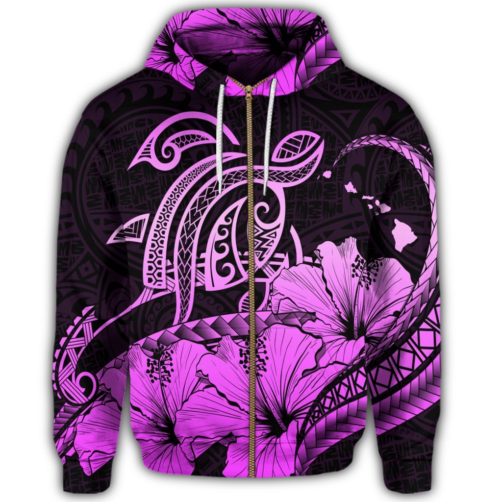 Hawaii Turtle Map Polynesian Zip Hoodie Safety Pink - Polynesian Pride