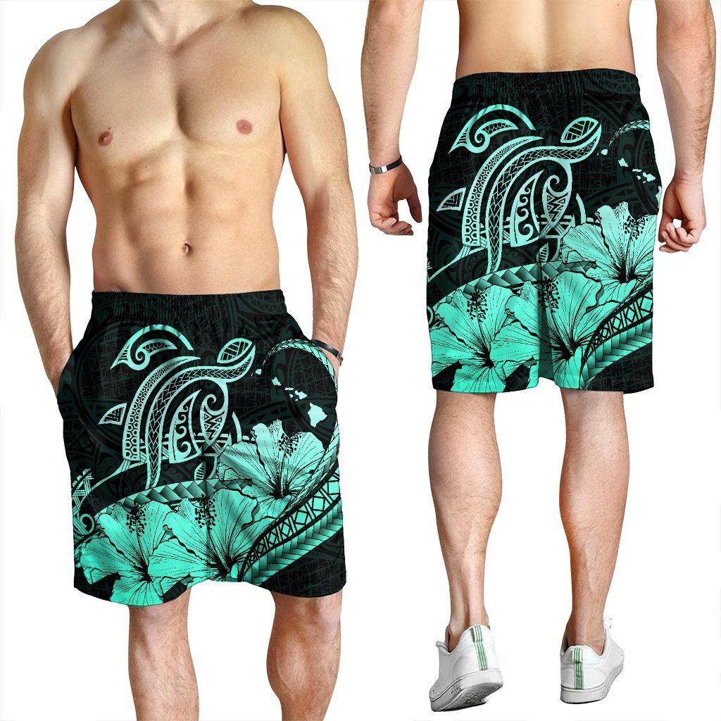 Hawaii Turtle Map Polynesian Men's Shorts Safety Turquoise - AH - Polynesian Pride
