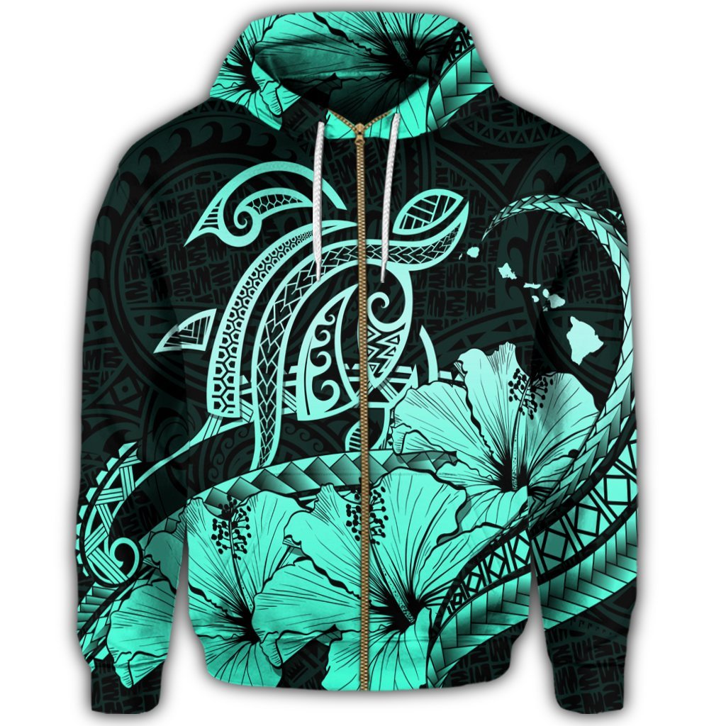 Hawaii Turtle Map Polynesian Zip Hoodie Safety Turquoise - Polynesian Pride