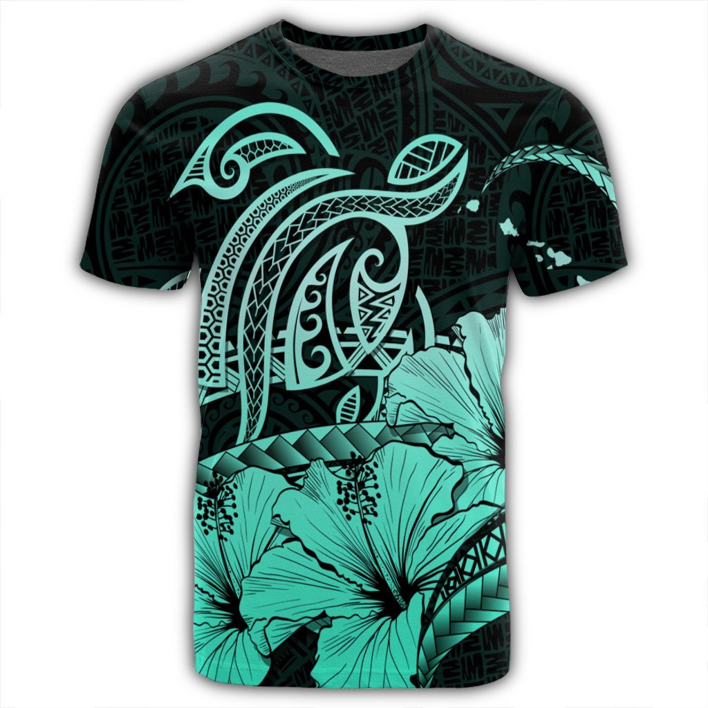 Hawaii Turtle Map Polynesian T Shirt Safety Turquoise - Polynesian Pride