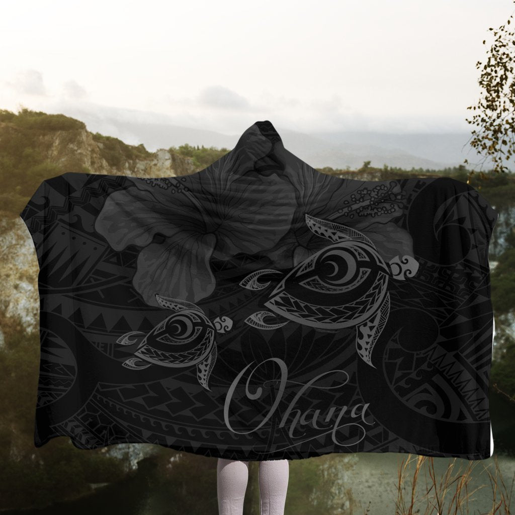 Hawaii Turtle Ohana Hibiscus Poly Hooded Blanket - Gray - AH - Polynesian Pride