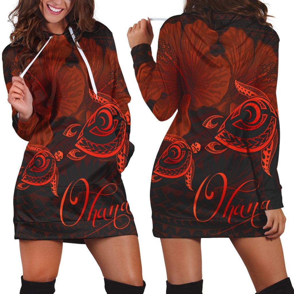 Hawaii Turtle Ohana Hibiscus Poly Hoodie Dress - Orange - AH Black - Polynesian Pride