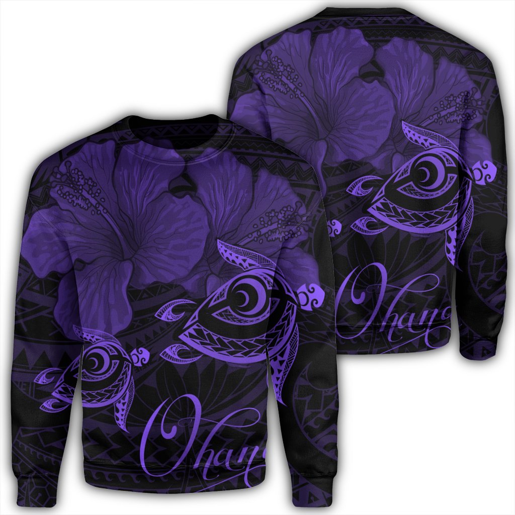 Hawaii Turtle Ohana Hibiscus Poly Sweatshirt - Purple - AH Unisex Black - Polynesian Pride