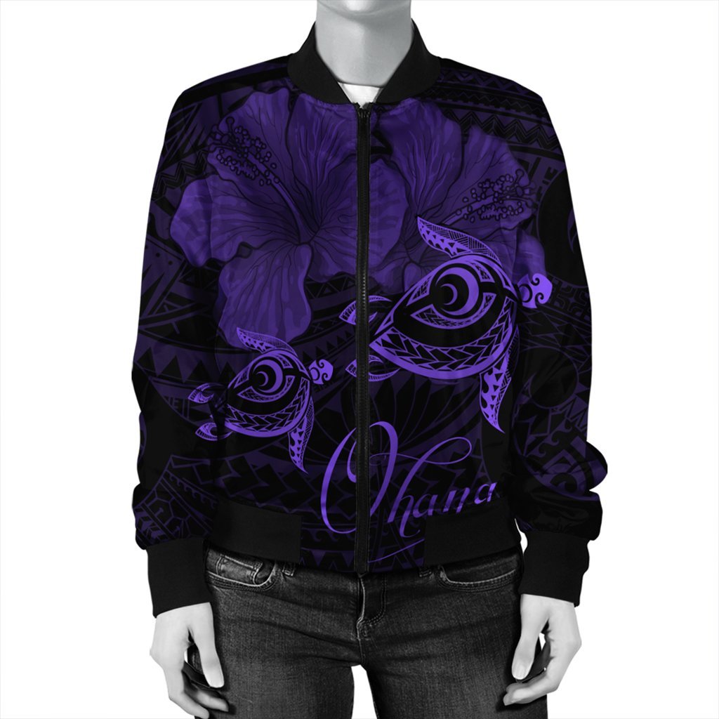Hawaii Turtle Ohana Hibiscus Poly Bomber Jacket - Purple - AH - Polynesian Pride