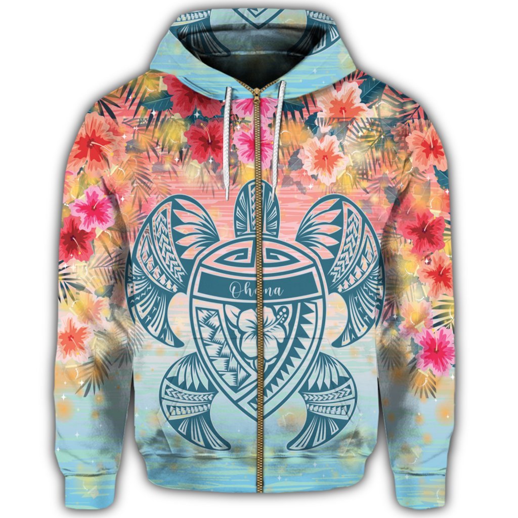 Hawaii Turtle Ohana Stary Night Hibiscus Zip Hoodie - Polynesian Pride