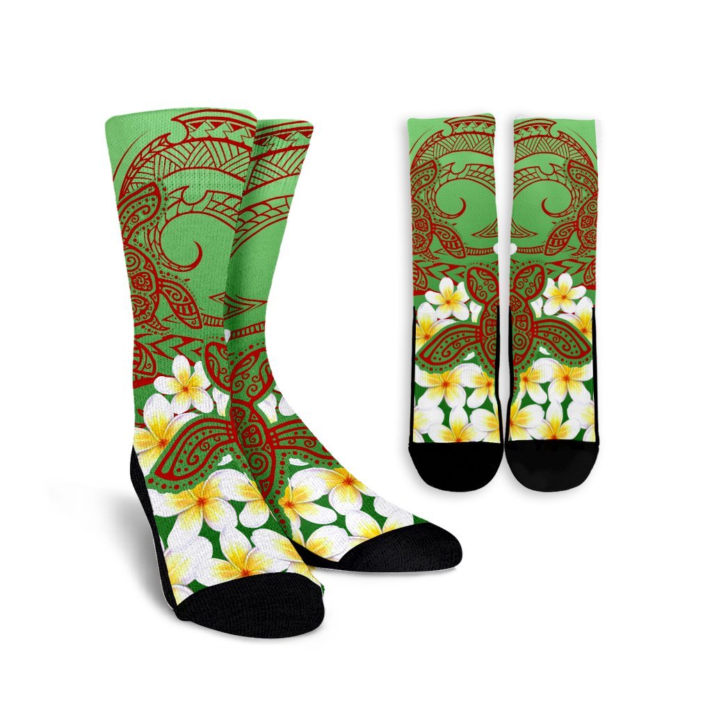 Hawaii Turtle Plumeria Crew Socks - Green Style - AH Crew Socks White - Polynesian Pride