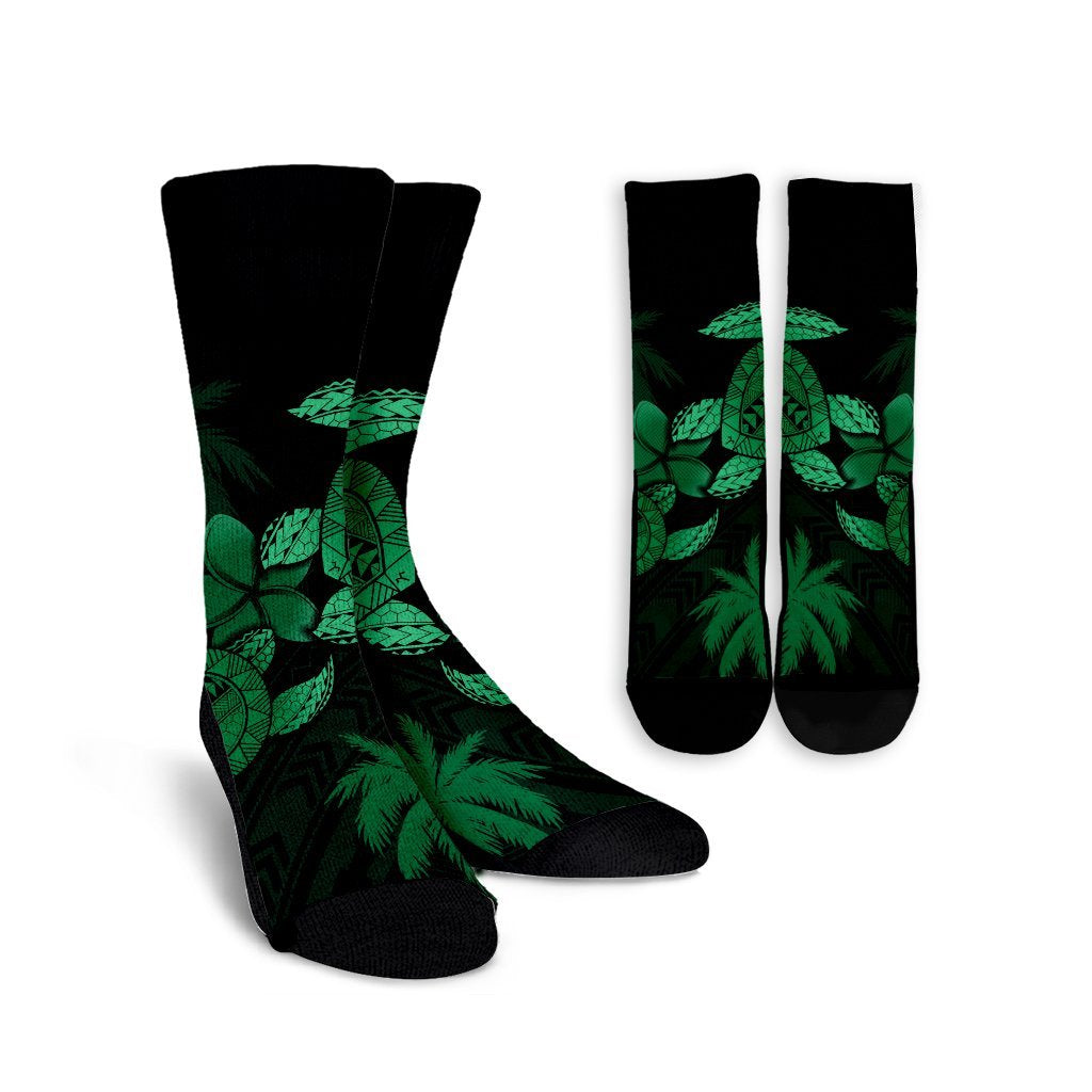 Hawaii Turtle Plumeria Coconut Tree Polynesian Crew Socks - Green - AH Crew Socks White - Polynesian Pride