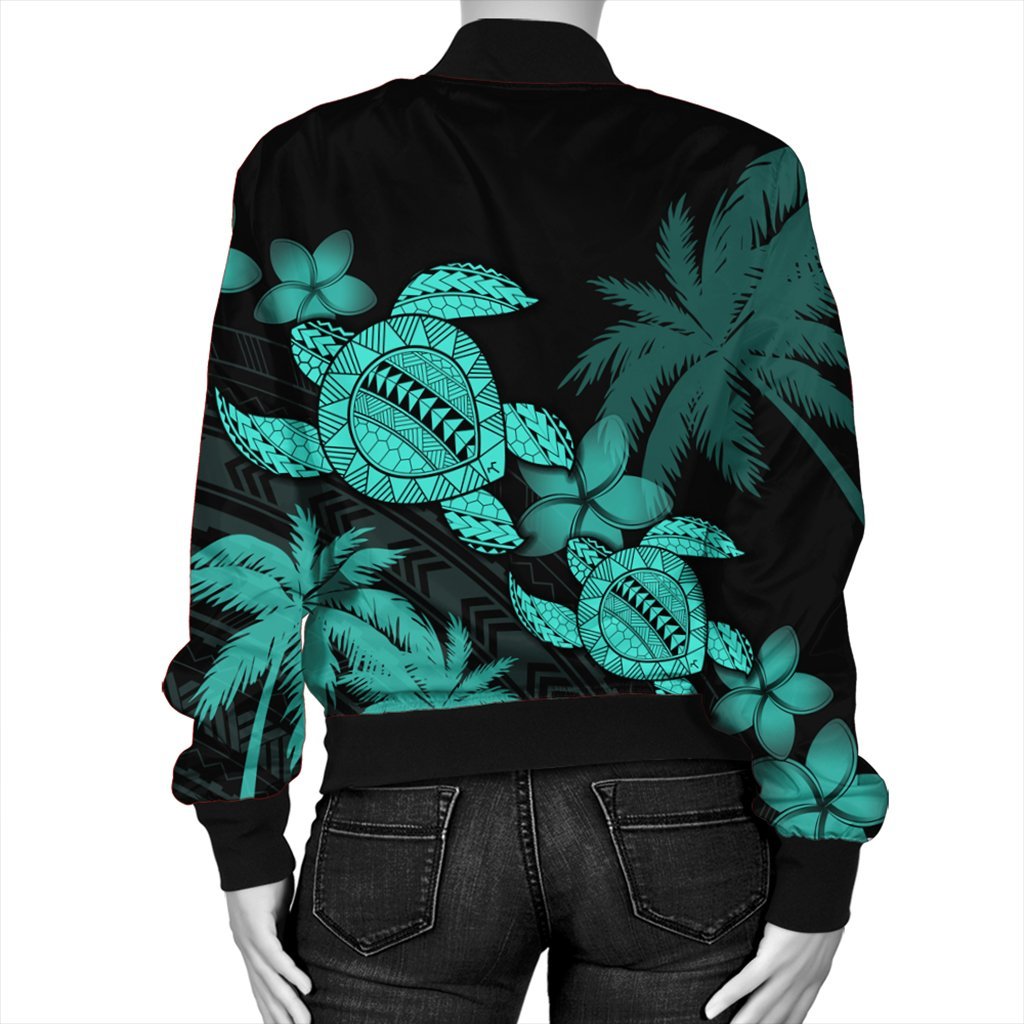 Hawaii Turtle Plumeria Coconut Tree Polynesian Bomber Jacket - Turquoise - AH - Polynesian Pride