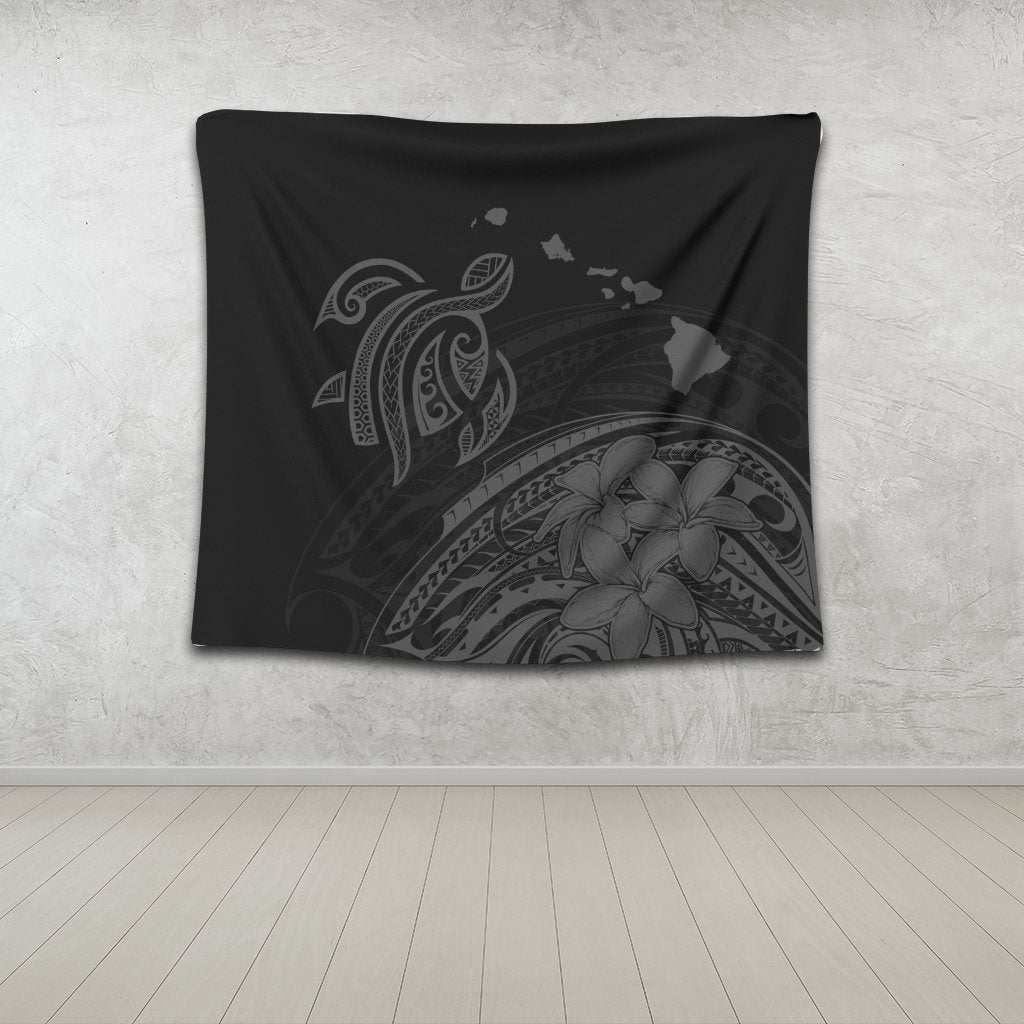 Hawaii Turtle Polynesian Map Plumeria Tapestry Gray - AH - Polynesian Pride