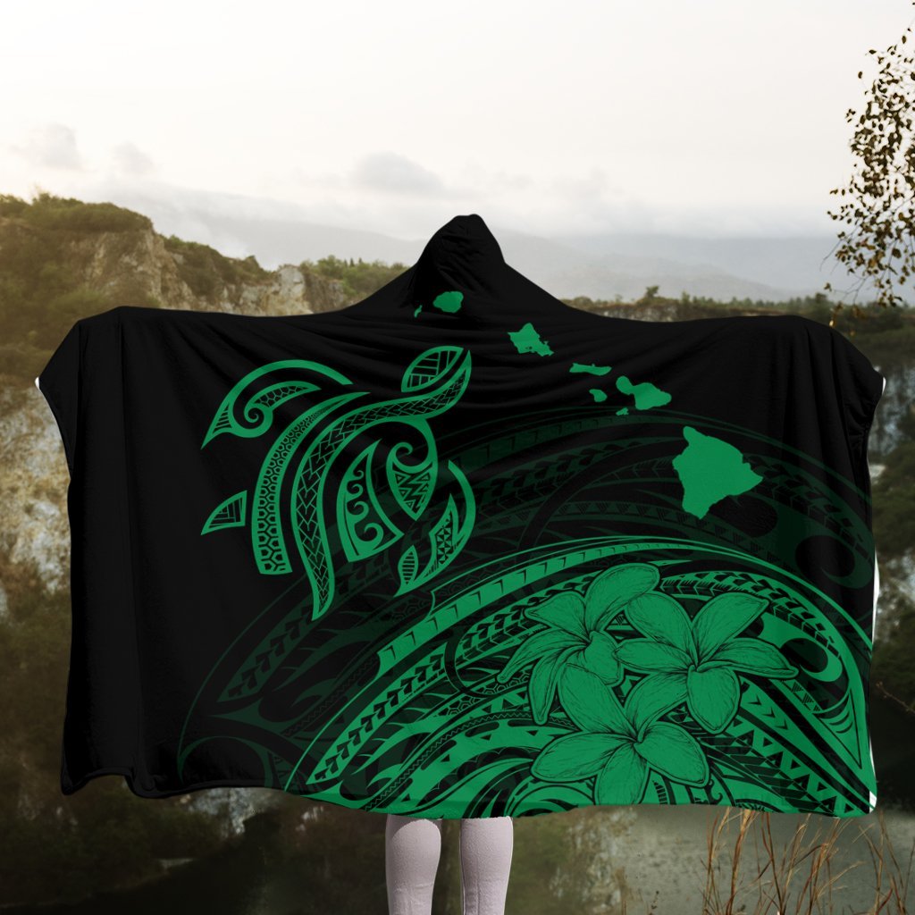 Hawaii Turtle Polynesian Map Plumeria Hooded Blanket Green - AH - Polynesian Pride