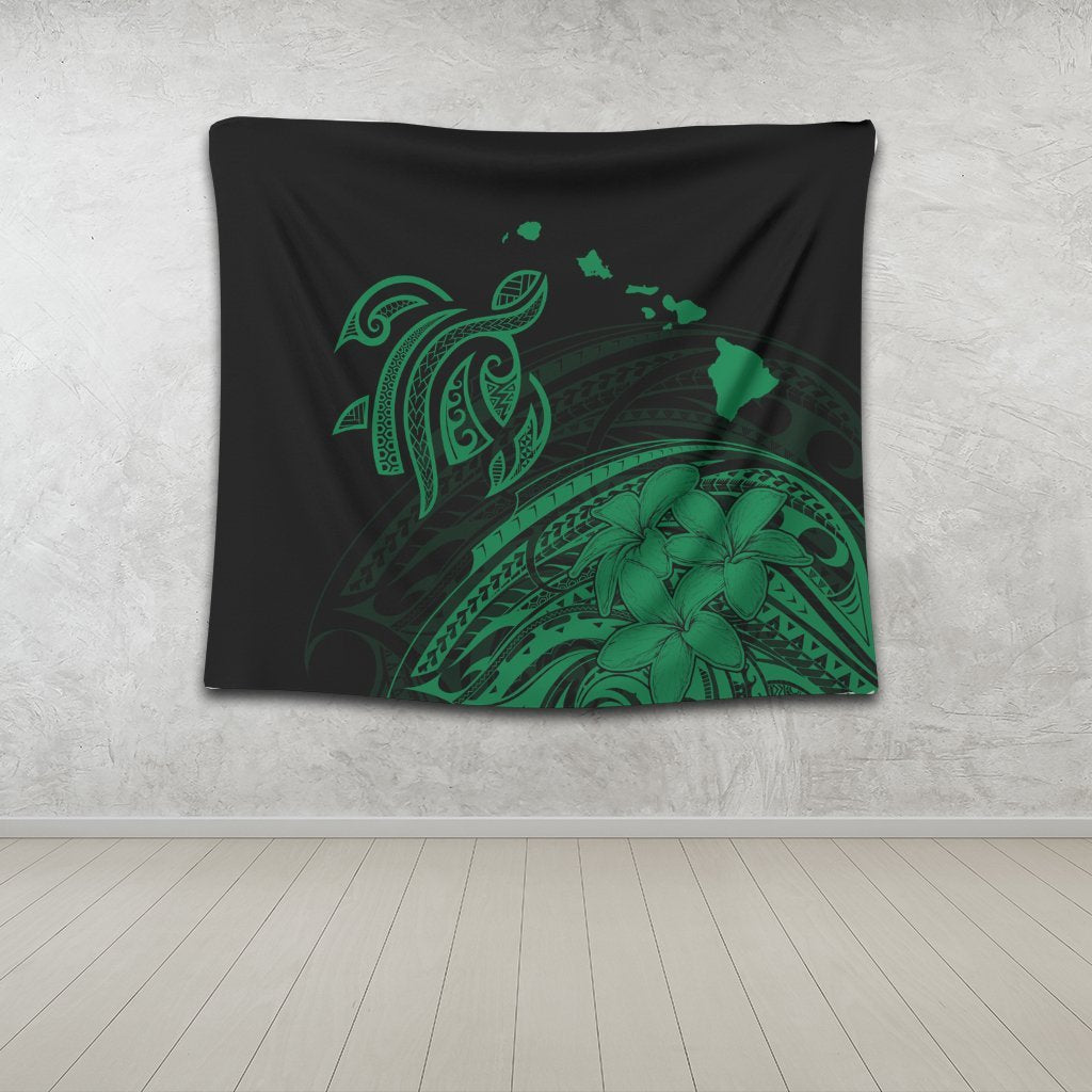 Hawaii Turtle Polynesian Map Plumeria Tapestry Green - AH - Polynesian Pride