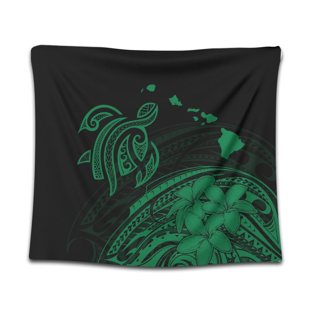 Hawaii Turtle Polynesian Map Plumeria Tapestry Green - AH Wall Tapestry Black - Polynesian Pride