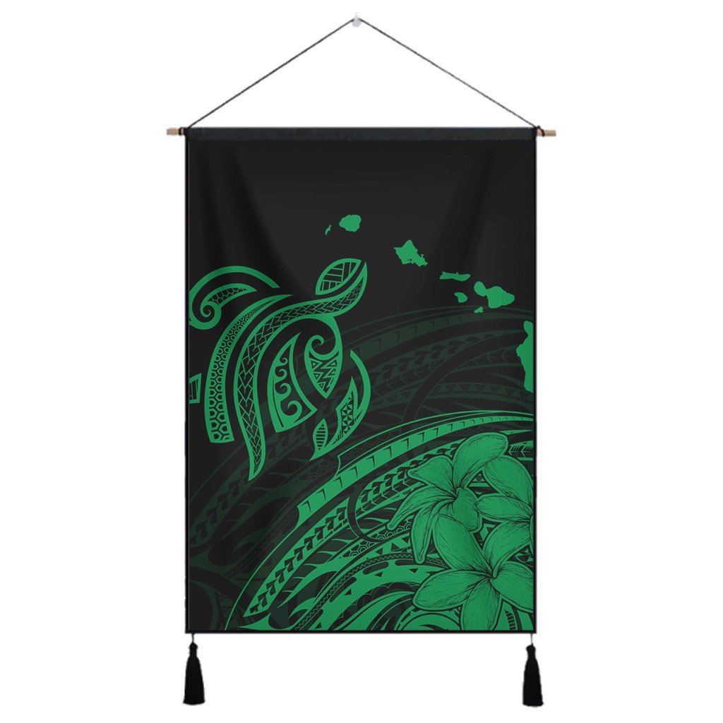 Hawaii Turtle Polynesian Map Plumeria Hanging Poster Green - AH Hanging Poster Cotton And Linen - Polynesian Pride