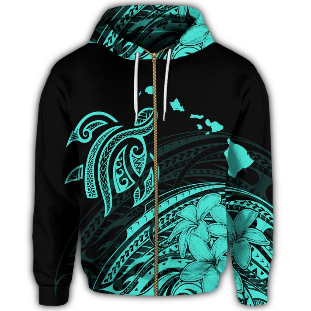 Hawaii Turtle Polynesian Map Plumeria Zip Hoodie Turquoise - Polynesian Pride