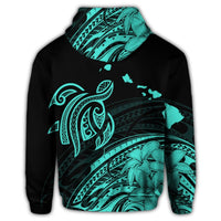 Hawaii Turtle Polynesian Map Plumeria Zip Hoodie Turquoise - Polynesian Pride